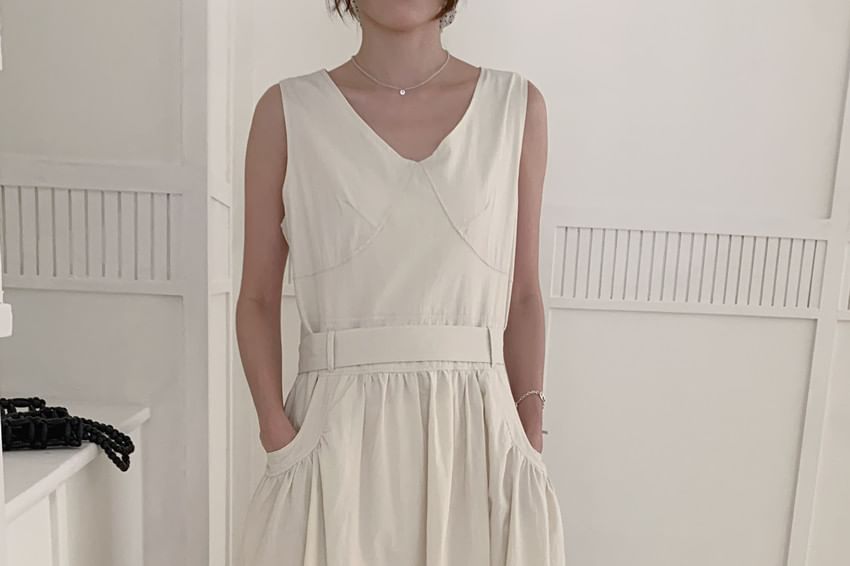 Ruched V-Neck Sleeveless A-Line Maxi Dress Set with Belt