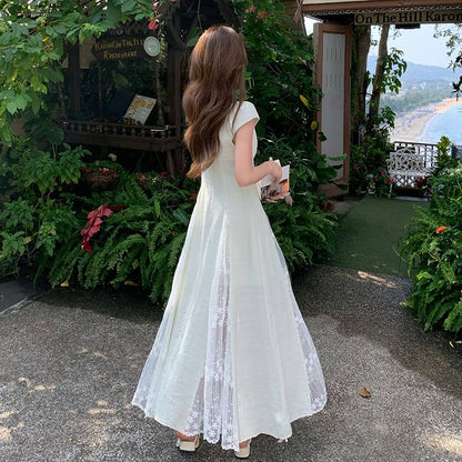 Lace Panel Cap-Sleeve V-Neck Tie Front A-Line Maxi Dress