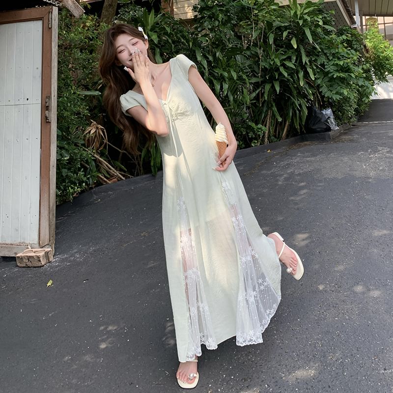 Lace Panel Cap-Sleeve V-Neck Tie Front A-Line Maxi Dress