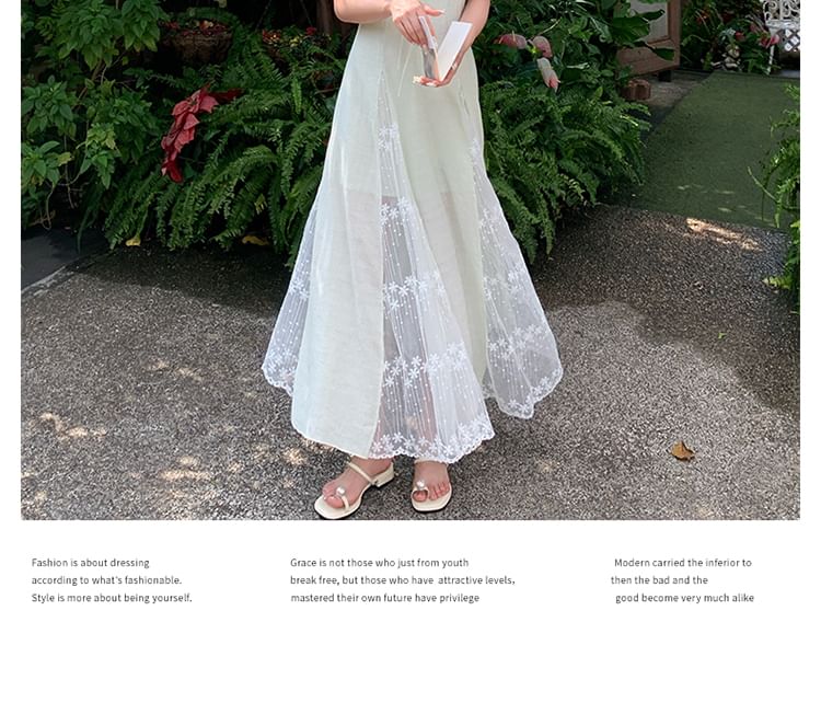 Lace Panel Cap-Sleeve V-Neck Tie Front A-Line Maxi Dress