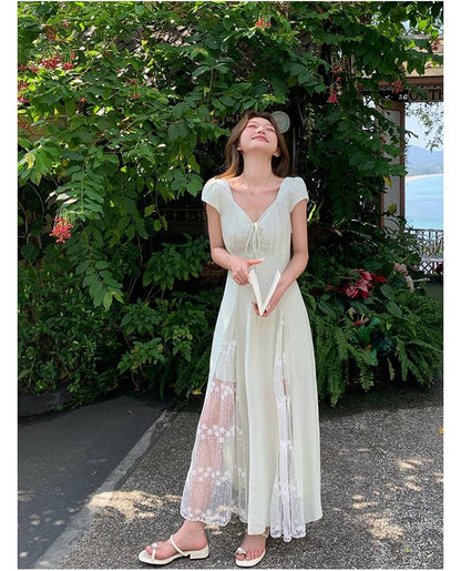 Lace Panel Cap-Sleeve V-Neck Tie Front A-Line Maxi Dress
