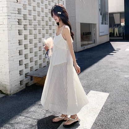 Spaghetti Strap Asymmetrical Lace Panel Perforated Midi Tunic Dress