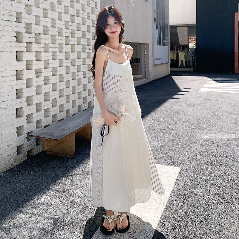 Spaghetti Strap Asymmetrical Lace Panel Perforated Midi Tunic Dress
