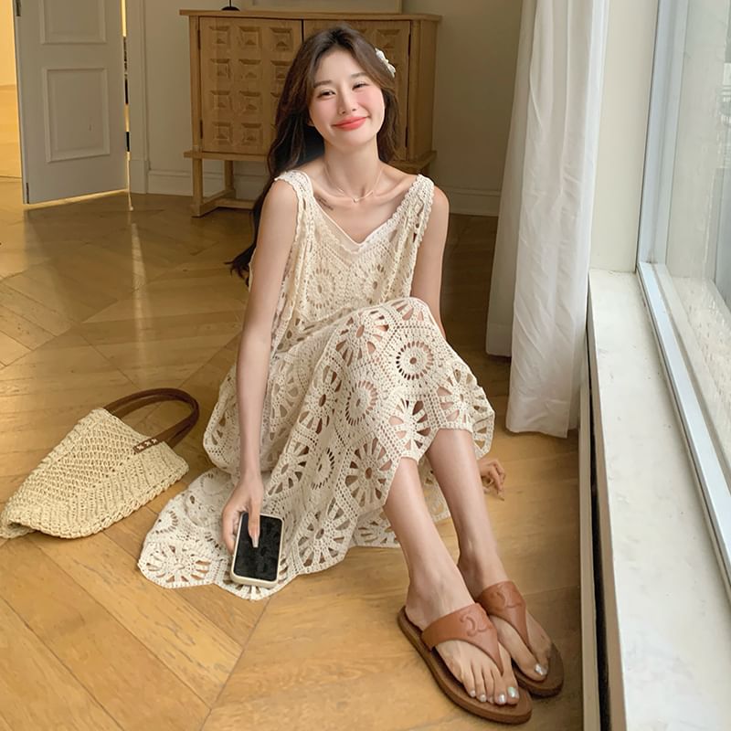 Set: Sleeveless V-Neck Crochet Knit Midi Dungaree Dress + Spaghetti Strap Plain Dress