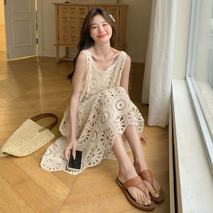 Set: Sleeveless V-Neck Crochet Knit Midi Dungaree Dress + Spaghetti Strap Plain Dress