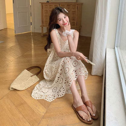 Set: Sleeveless V-Neck Crochet Knit Midi Dungaree Dress + Spaghetti Strap Plain Dress