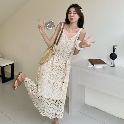 Set: Sleeveless V-Neck Crochet Knit Midi Dungaree Dress + Spaghetti Strap Plain Dress