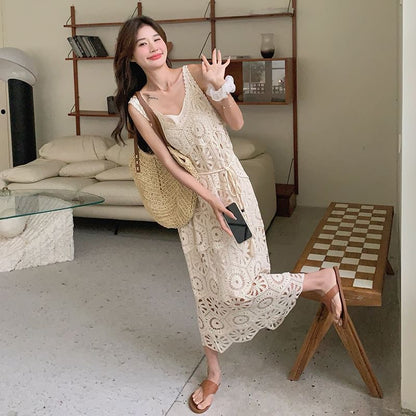 Set: Sleeveless V-Neck Crochet Knit Midi Dungaree Dress + Spaghetti Strap Plain Dress