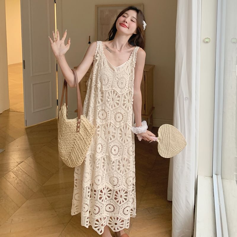 Set: Sleeveless V-Neck Crochet Knit Midi Dungaree Dress + Spaghetti Strap Plain Dress