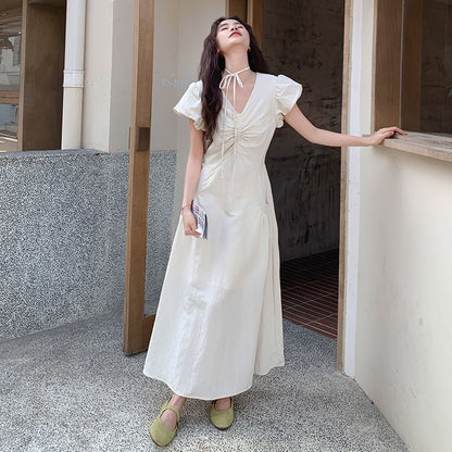 Puff-Sleeve V-Neck Ruched A-Line Solid Maxi Dress