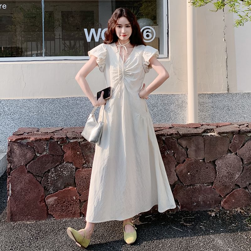 Puff-Sleeve V-Neck Ruched A-Line Solid Maxi Dress
