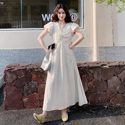 Puff-Sleeve V-Neck Ruched A-Line Solid Maxi Dress