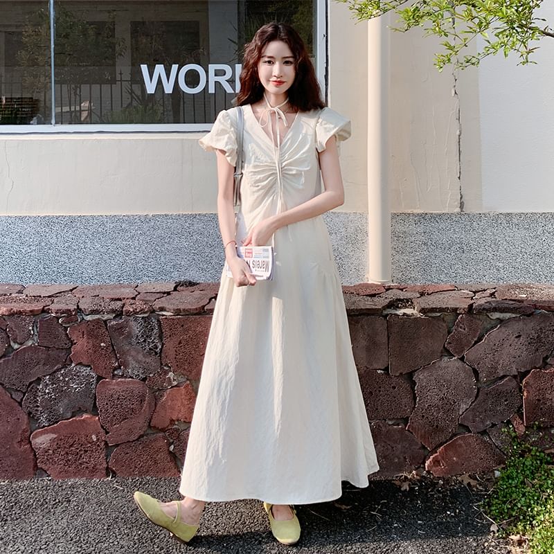 Puff-Sleeve V-Neck Ruched A-Line Solid Maxi Dress