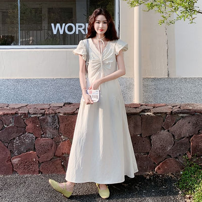 Puff-Sleeve V-Neck Ruched A-Line Solid Maxi Dress