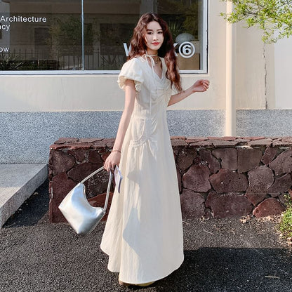 Puff-Sleeve V-Neck Ruched A-Line Solid Maxi Dress