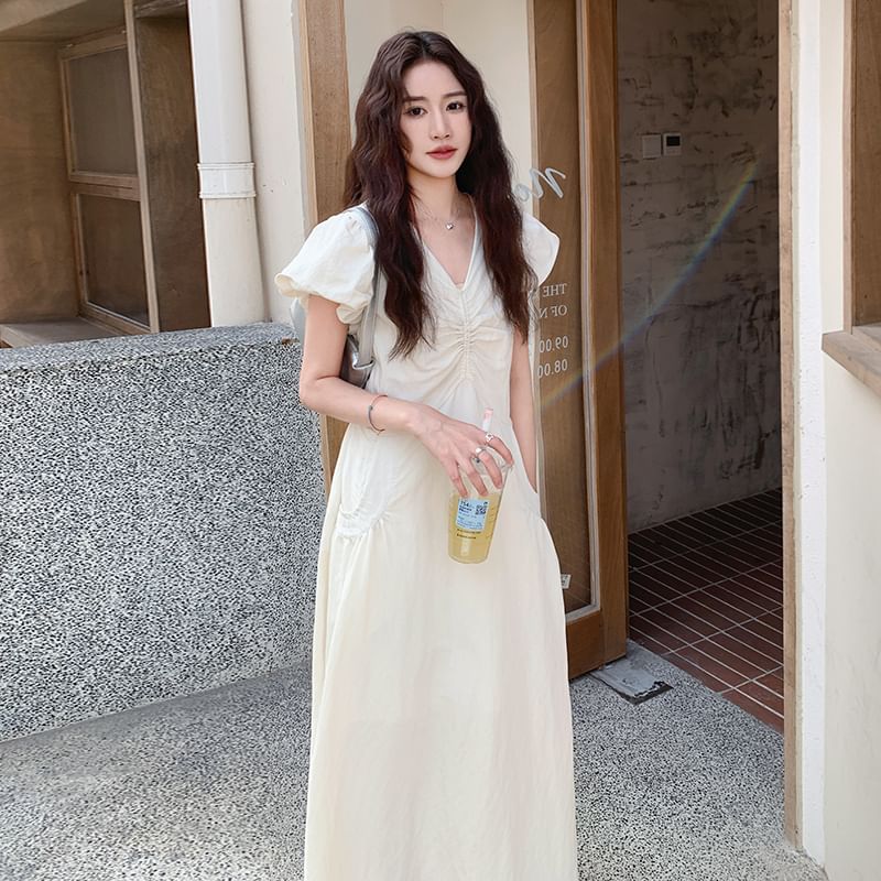 Puff-Sleeve V-Neck Ruched A-Line Solid Maxi Dress