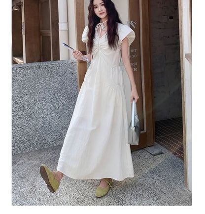 Puff-Sleeve V-Neck Ruched A-Line Solid Maxi Dress