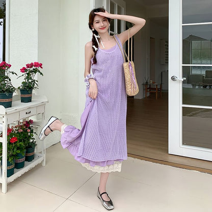 Set: Spaghetti Strap Lace Panel Layered Midi A-Line Dress + Sleeveless Scoop Neck Plain Perforated Slit Pinafore Dress