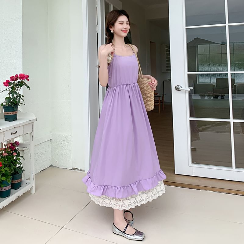 Set: Spaghetti Strap Lace Panel Layered Midi A-Line Dress + Sleeveless Scoop Neck Plain Perforated Slit Pinafore Dress