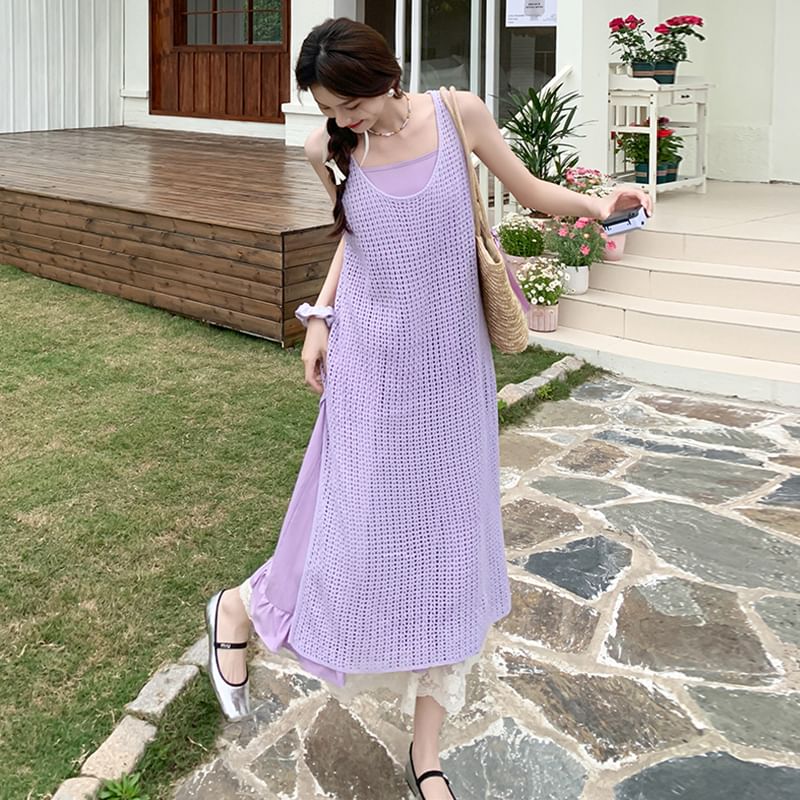 Set: Spaghetti Strap Lace Panel Layered Midi A-Line Dress + Sleeveless Scoop Neck Plain Perforated Slit Pinafore Dress