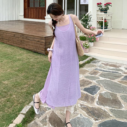 Set: Spaghetti Strap Lace Panel Layered Midi A-Line Dress + Sleeveless Scoop Neck Plain Perforated Slit Pinafore Dress