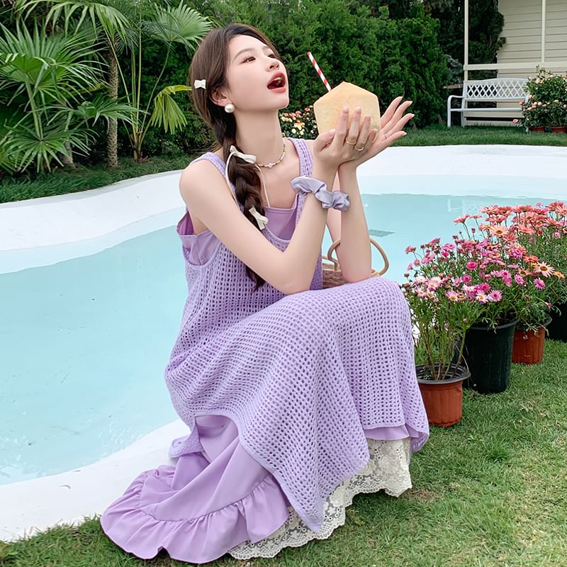 Set: Spaghetti Strap Lace Panel Layered Midi A-Line Dress + Sleeveless Scoop Neck Plain Perforated Slit Pinafore Dress