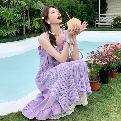 Set: Spaghetti Strap Lace Panel Layered Midi A-Line Dress + Sleeveless Scoop Neck Plain Perforated Slit Pinafore Dress
