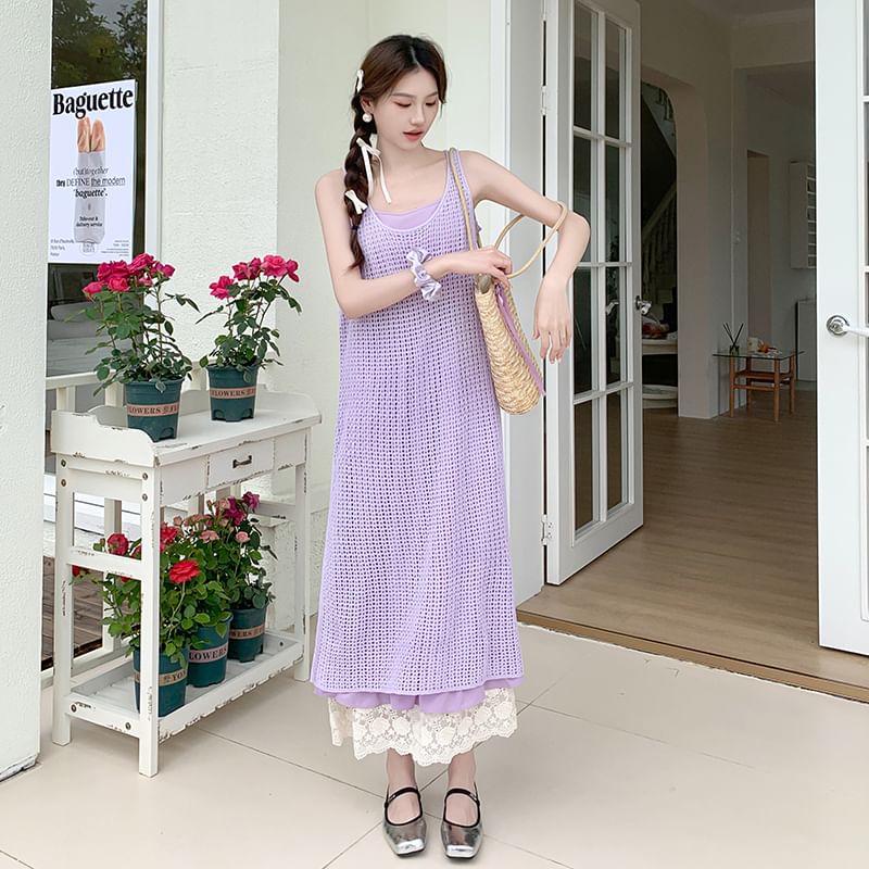 Set: Spaghetti Strap Lace Panel Layered Midi A-Line Dress + Sleeveless Scoop Neck Plain Perforated Slit Pinafore Dress