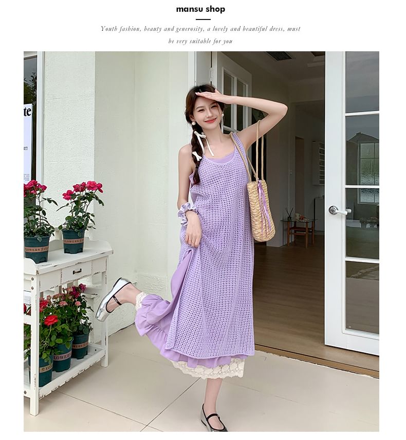 Set: Spaghetti Strap Lace Panel Layered Midi A-Line Dress + Sleeveless Scoop Neck Plain Perforated Slit Pinafore Dress