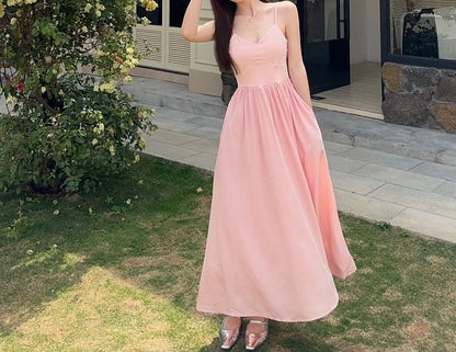 Spaghetti Strap V-Neck Plain Maxi A-Line Dress