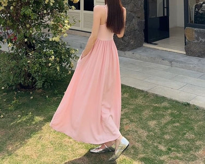 Spaghetti Strap V-Neck Plain Maxi A-Line Dress