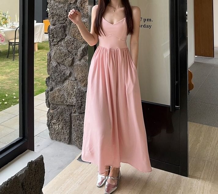 Spaghetti Strap V-Neck Plain Maxi A-Line Dress