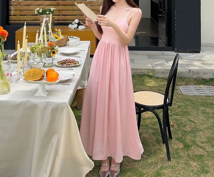 Spaghetti Strap V-Neck Plain Maxi A-Line Dress