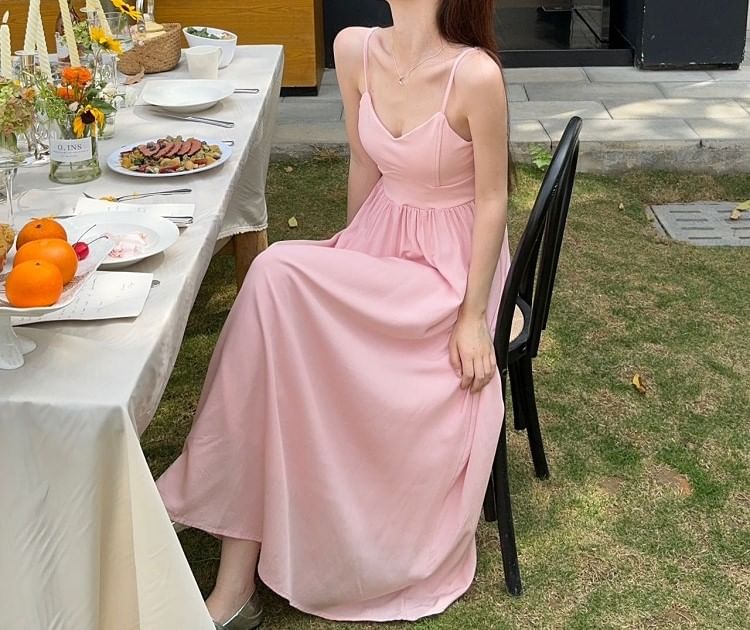 Spaghetti Strap V-Neck Plain Maxi A-Line Dress