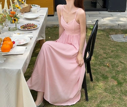 Spaghetti Strap V-Neck Plain Maxi A-Line Dress