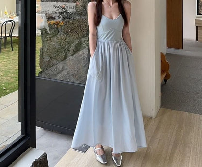 V-Neck Spaghetti Strap Solid A-Line Maxi Dress