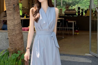 V-Neck Sashed A-Line Maxi Dress, Sleeveless