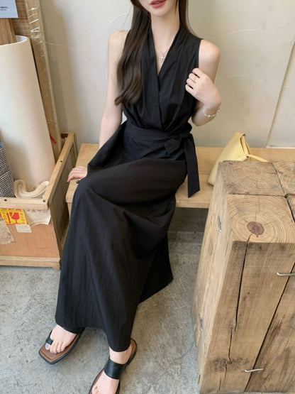 V-Neck Sashed A-Line Maxi Dress, Sleeveless