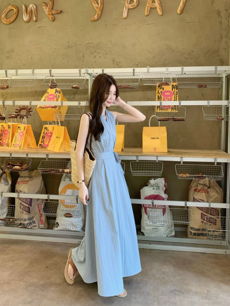 V-Neck Sashed A-Line Maxi Dress, Sleeveless