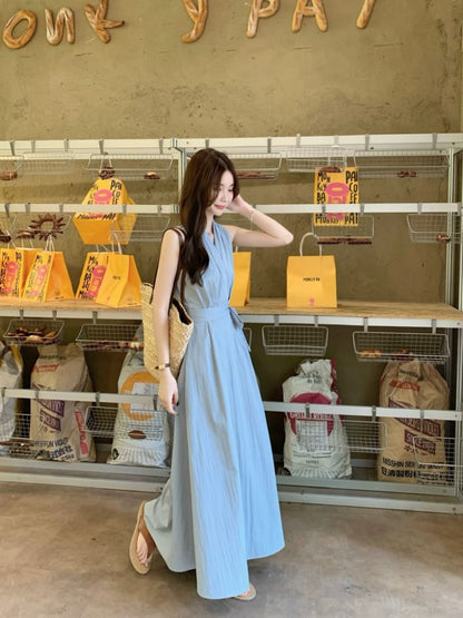 V-Neck Sashed A-Line Maxi Dress, Sleeveless