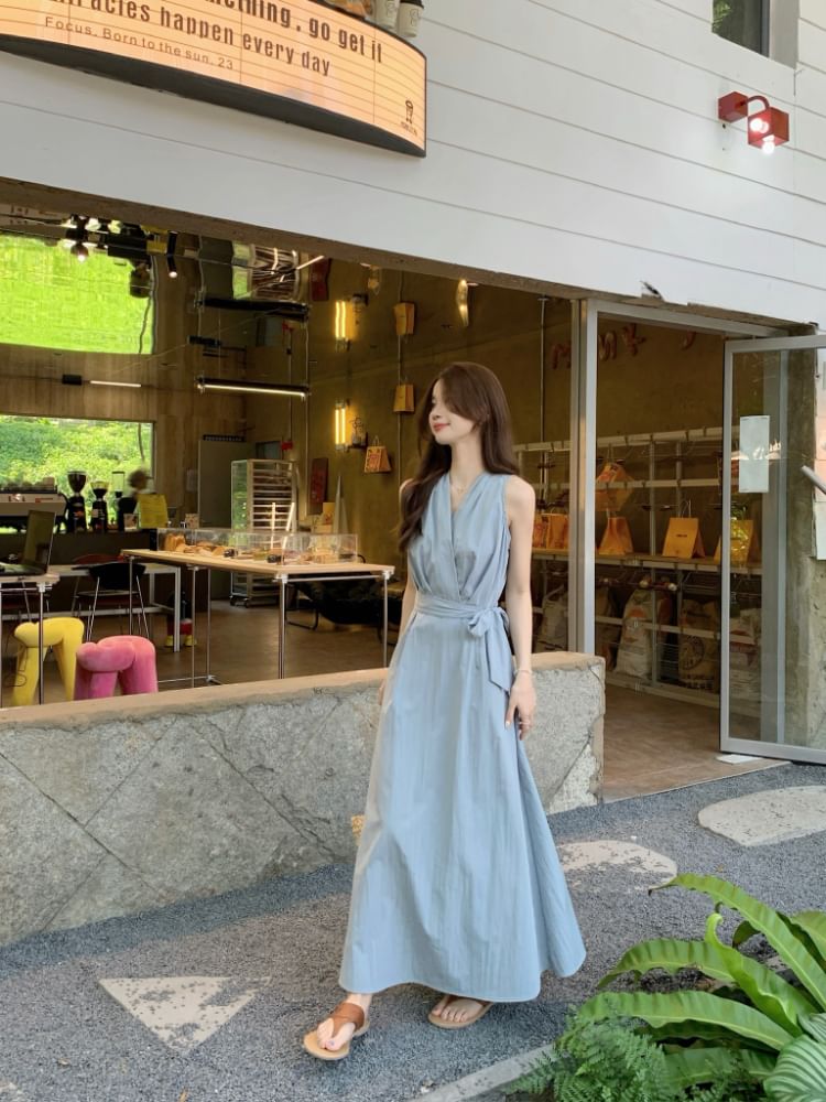 V-Neck Sashed A-Line Maxi Dress, Sleeveless