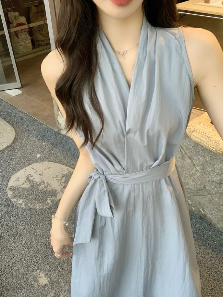 V-Neck Sashed A-Line Maxi Dress, Sleeveless