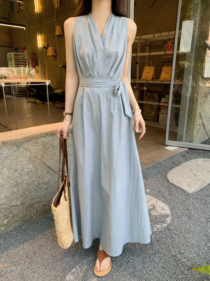 V-Neck Sashed A-Line Maxi Dress, Sleeveless