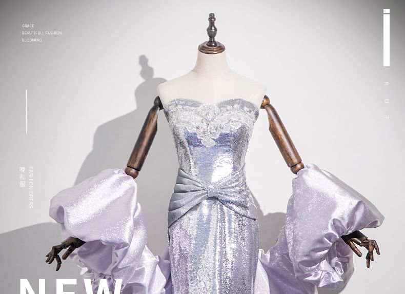 Strapless Glitter Lace Trim Mermaid Evening Gown