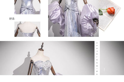 Strapless Glitter Lace Trim Mermaid Evening Gown