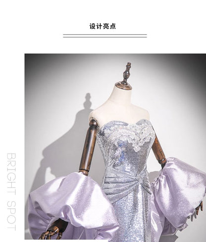 Strapless Glitter Lace Trim Mermaid Evening Gown