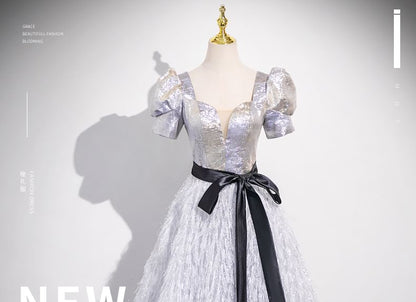 A-Line Fringe Square Neck Glitter Evening Gown Short-Sleeve