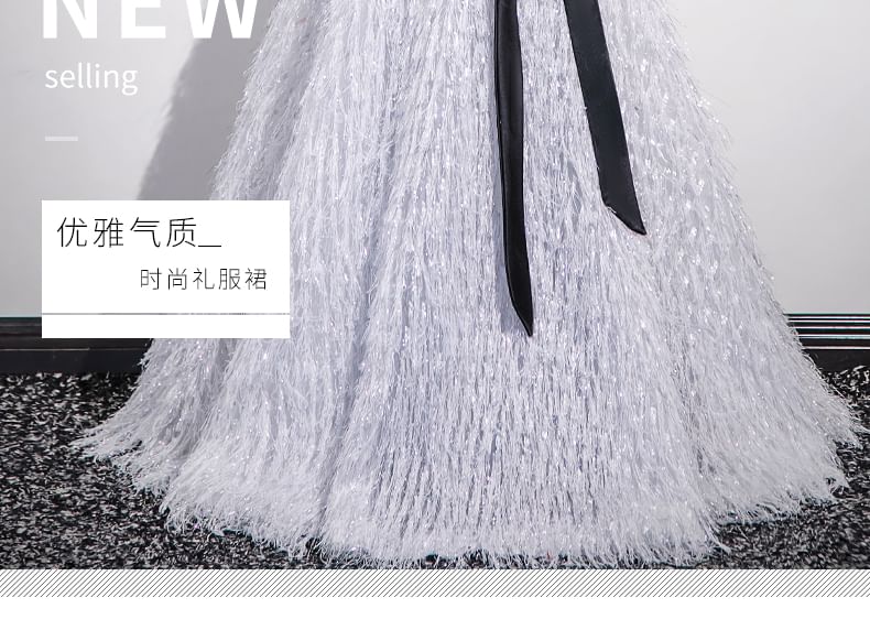 A-Line Fringe Square Neck Glitter Evening Gown Short-Sleeve