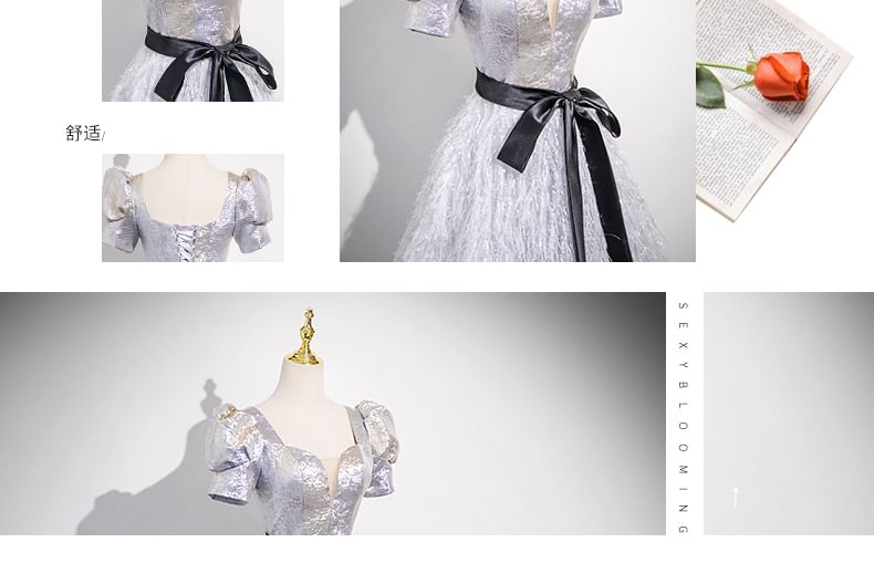 A-Line Fringe Square Neck Glitter Evening Gown Short-Sleeve