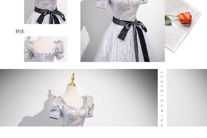 A-Line Fringe Square Neck Glitter Evening Gown Short-Sleeve